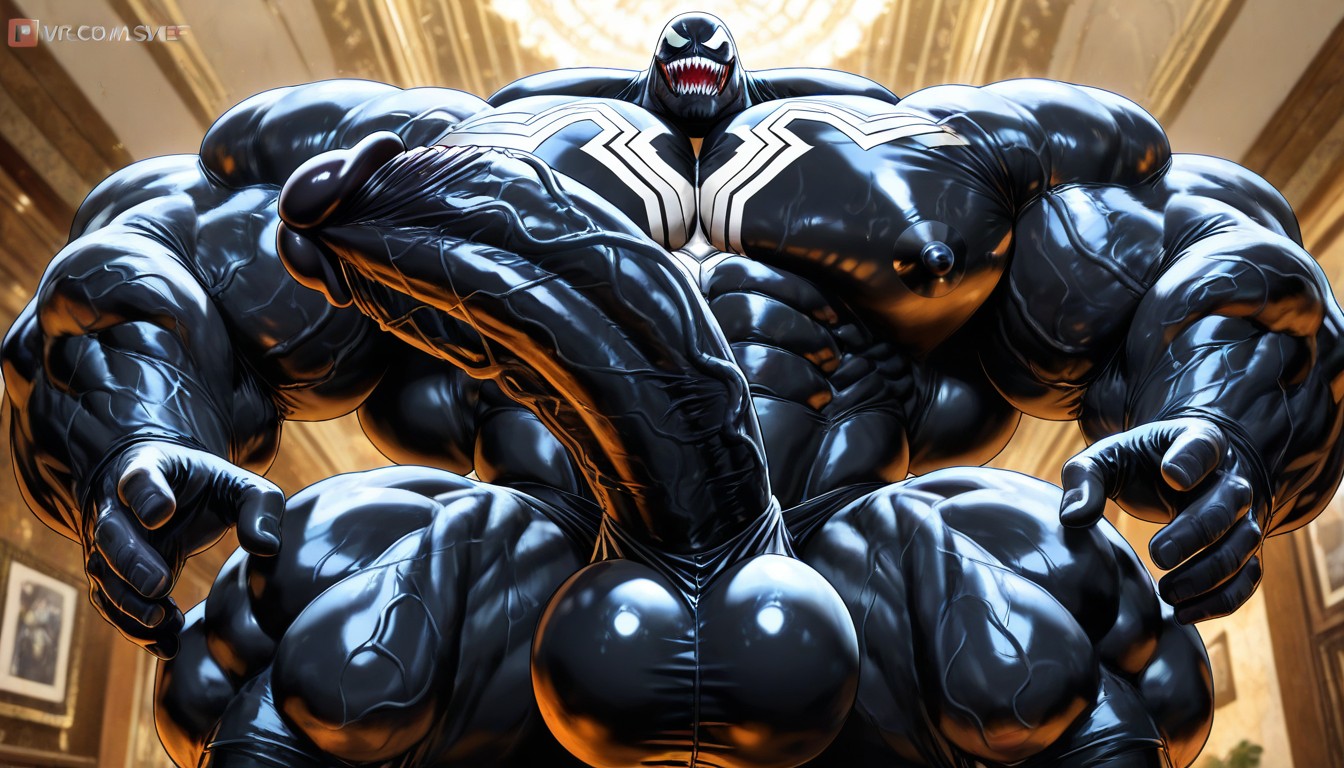 Vivid Cinematic Light Casting Rembrandt-style Deep Shadows On His Massive Bulking Body, Oversized Muscles, Testicles Porno gay IA