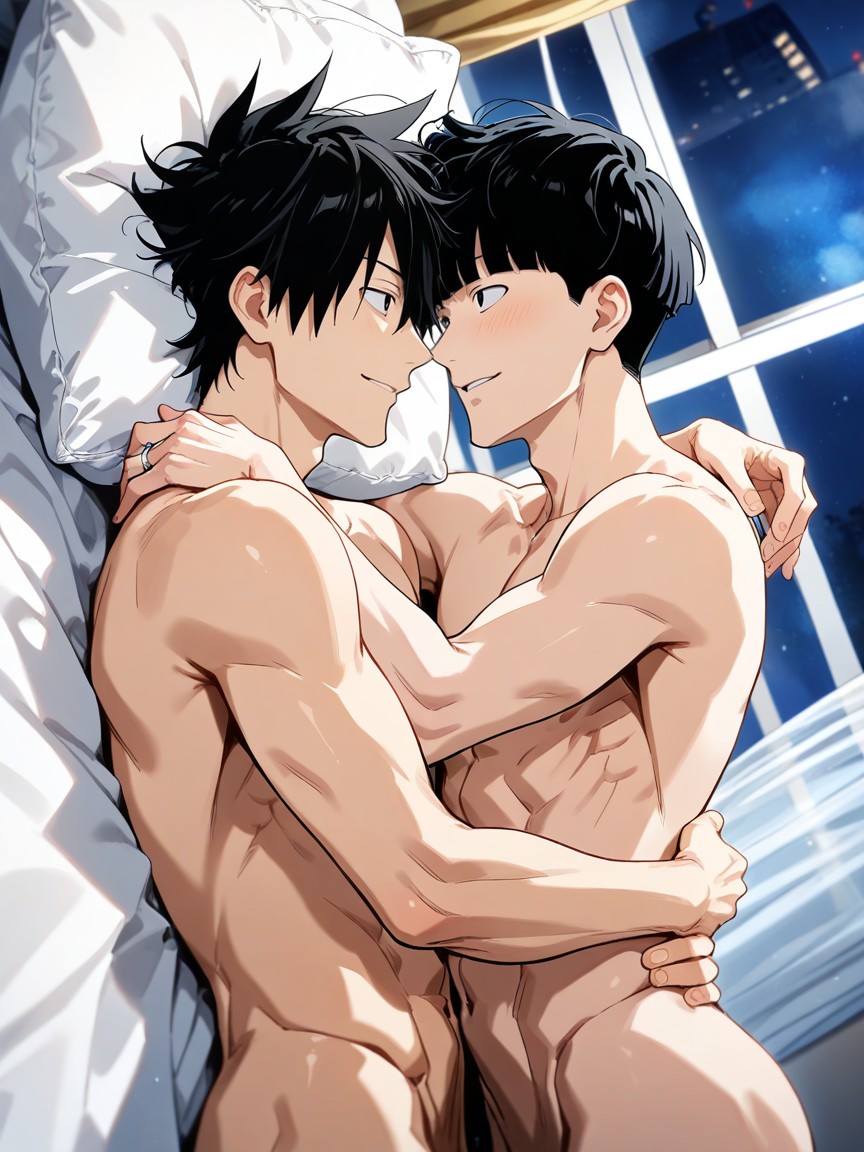 Arms Around Waist, On A Queen-size Bed, Parted Lips AI Gay Porn
