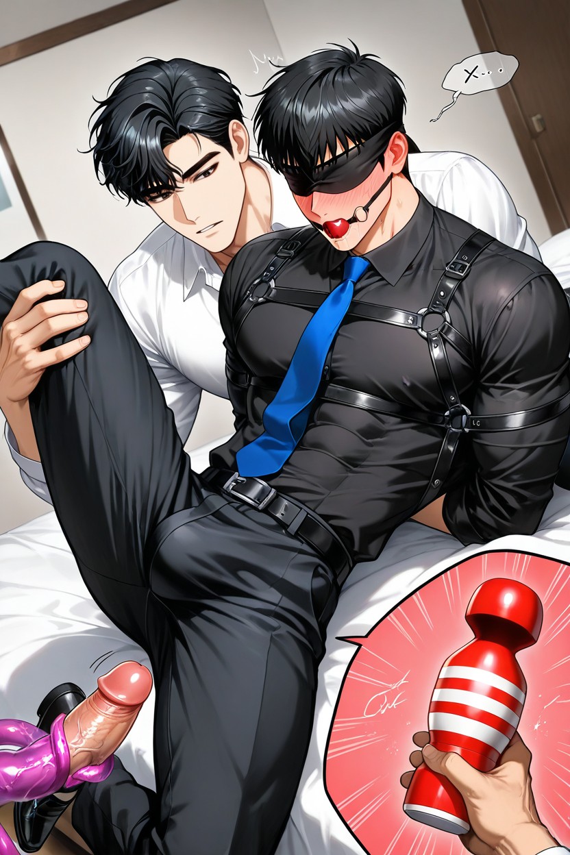Dress Shoes, Black Leather Strap Wrapped Around The Shirt, Lewd Expression Of The Person Behind AI Gay Porn