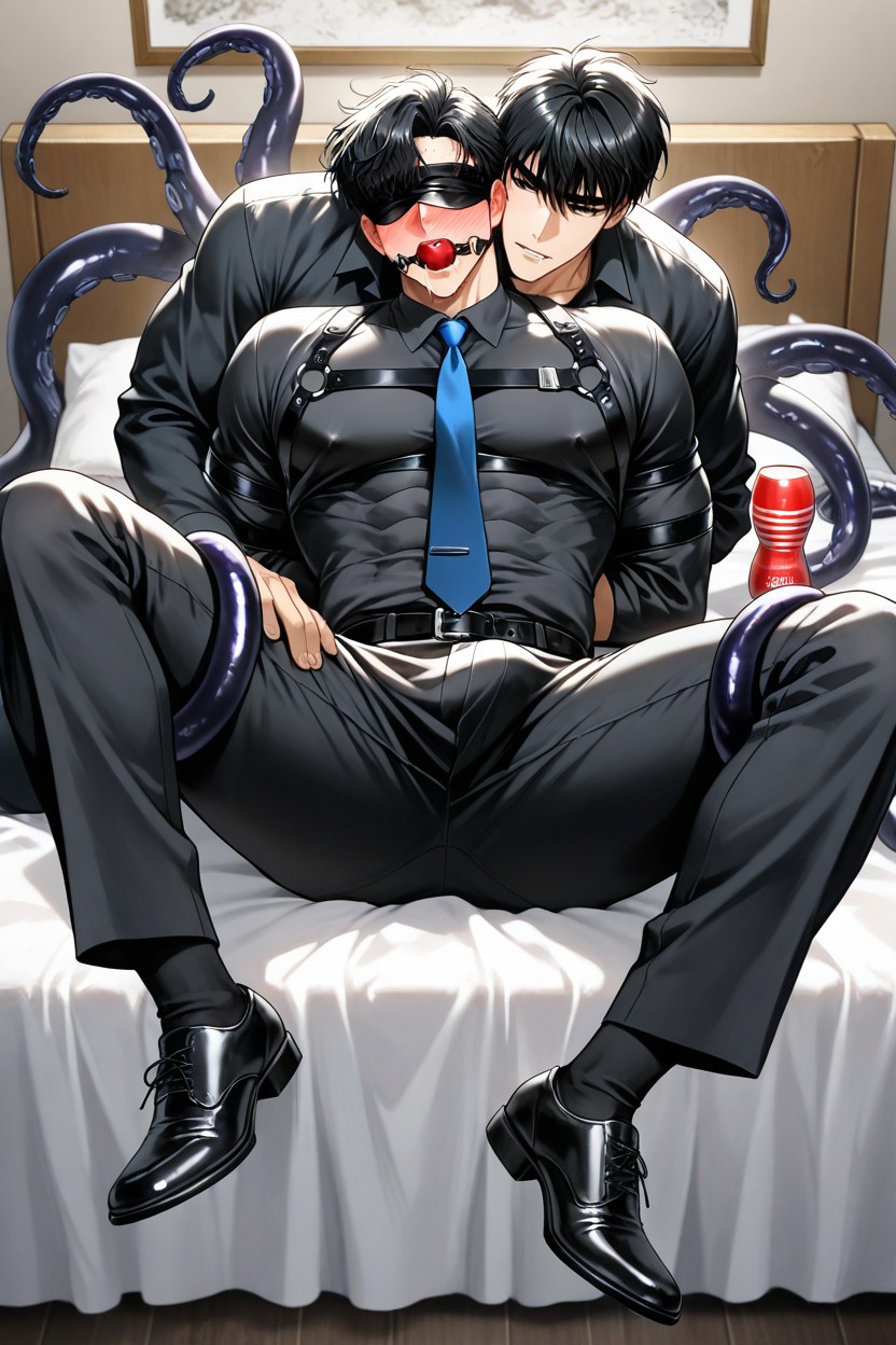Black Leather Strap Wrapped Around The Shirt, A White Business Shirt, In The Bed Room AI Gay Porn