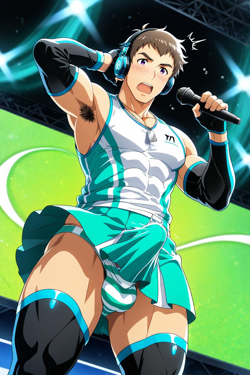Waist Shot, One Arm Holding Microphone Singing, Big Balls AI Gay Porn