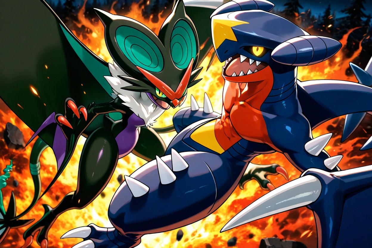Garchomp Jumping To Meet Noivern, Noivern Wings Swept Back For Speed, Cinematic AI Gay Porn