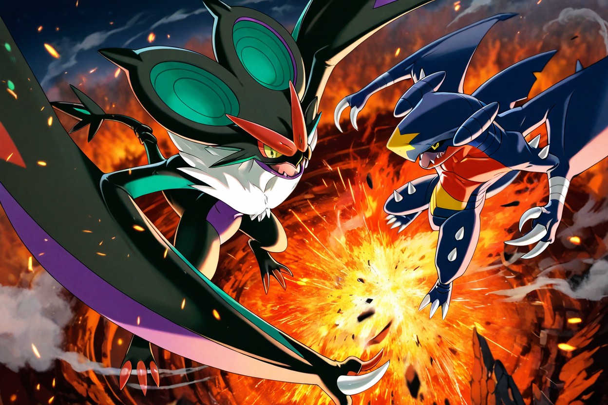 Noivern Pokemon, Garchomp Leaping Upward, Wall Of Fire In Background Porno gay IA