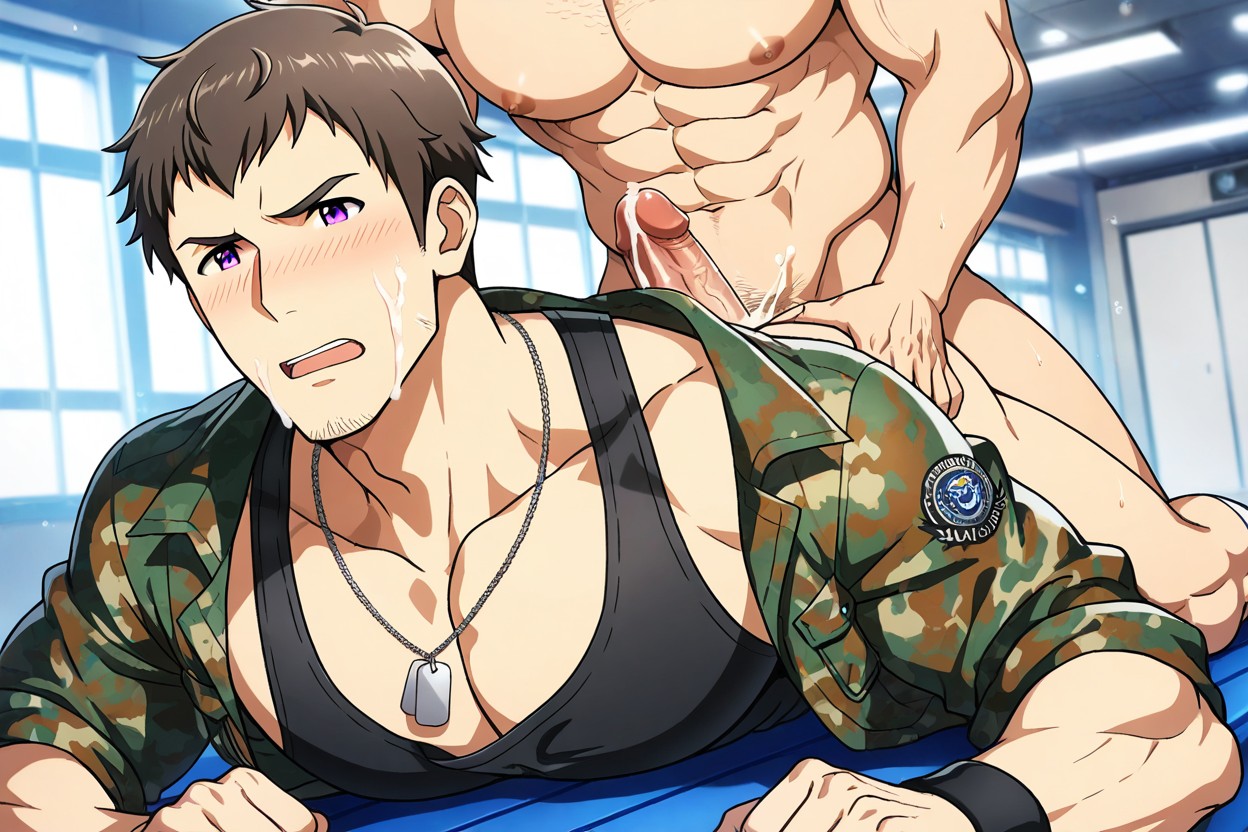 Gym, Brown Hair, Shingen Seiji Wearing Dogtags AI Gay Porn