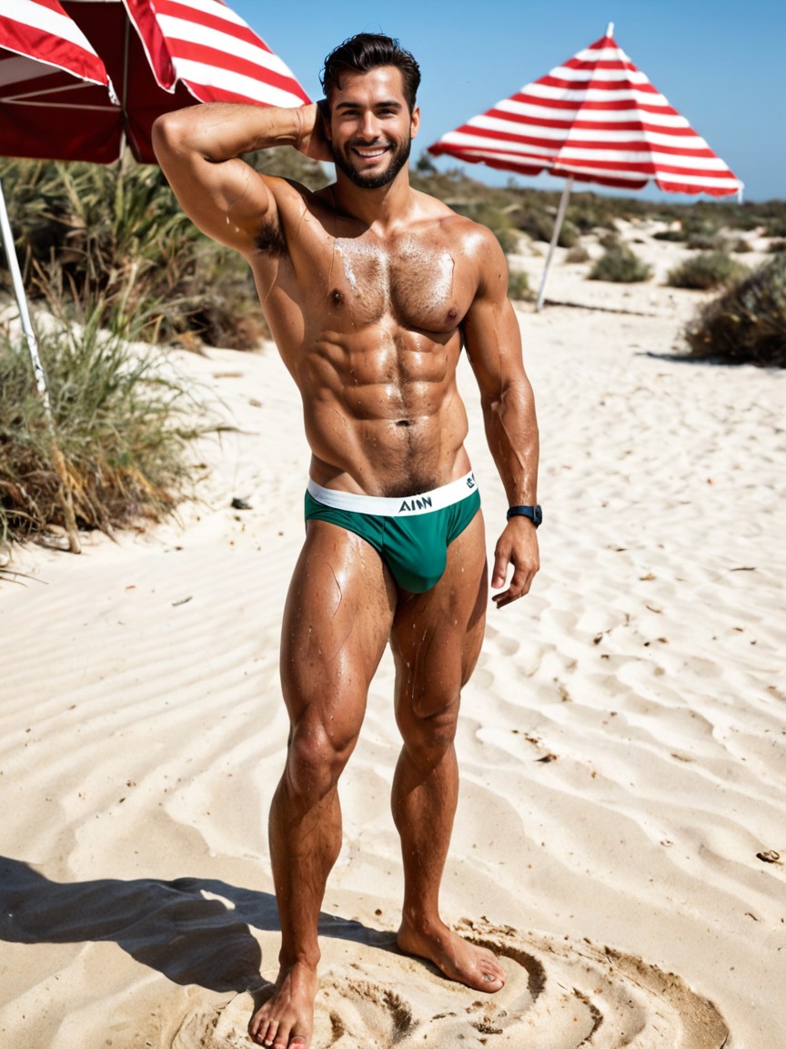 Light Green Speedo, Middle Eastern Iraqi Arab Man, Desert AI Gay Porn