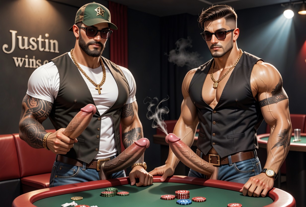 Dramatic Lighting, Holding All In Chips And Big Red Metallic Dildos With Fine Subtle Dust, Wild West AI Gay Porn