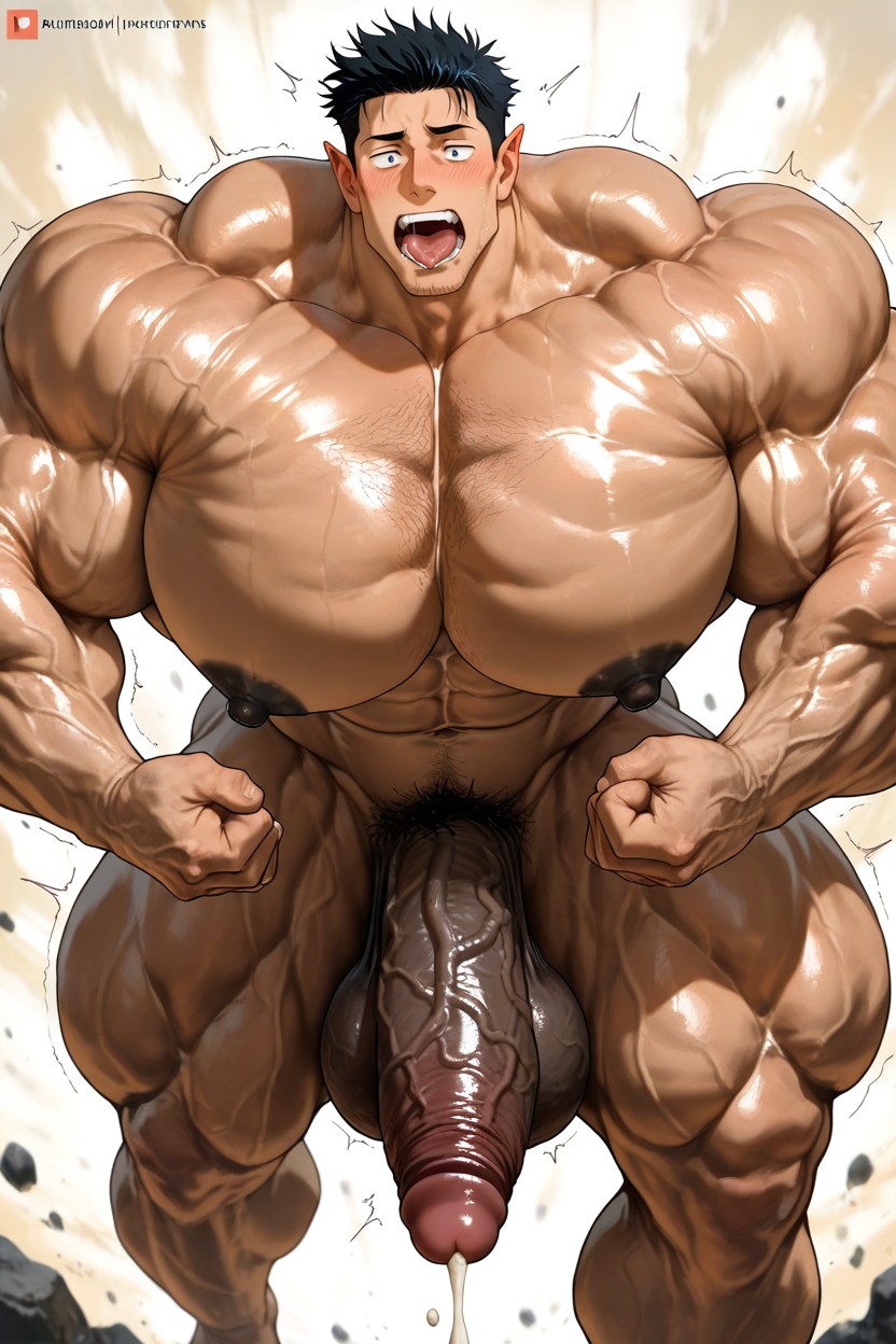 Hyper Exaggerated Gigantic Muscle Physique, Curvature Penis, Tongue Dripping Saliva AI Gay Porn