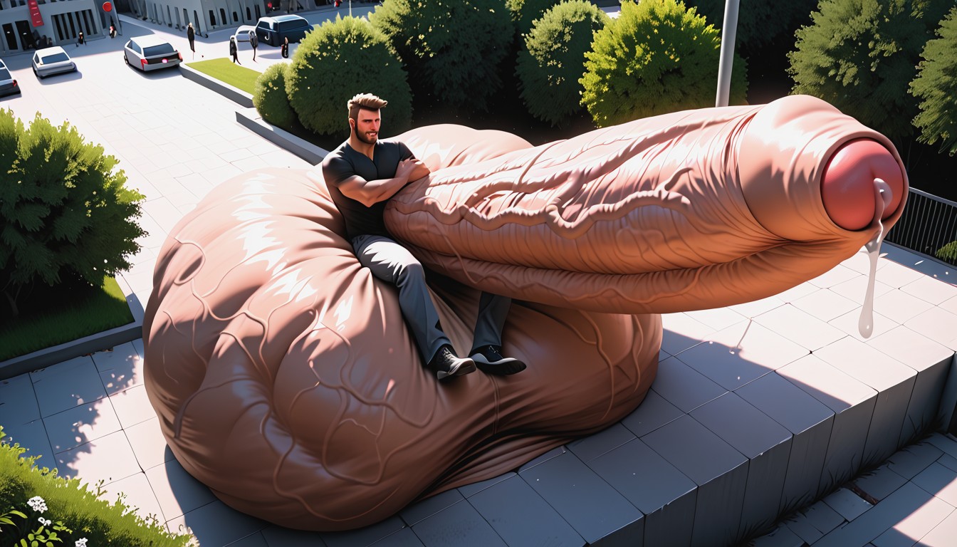 View From High Above, Surreal Absurd Impossible Gigantic Cock Size, Drooling AI Gay Porn