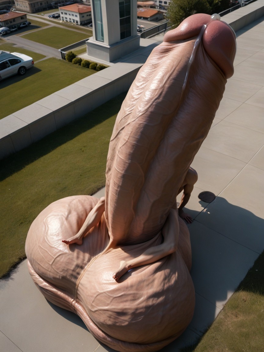 Sitting On Own Balls, Surreal Absurd Impossible Gigantic Cock Size, Photorealistic AI Gay Porn