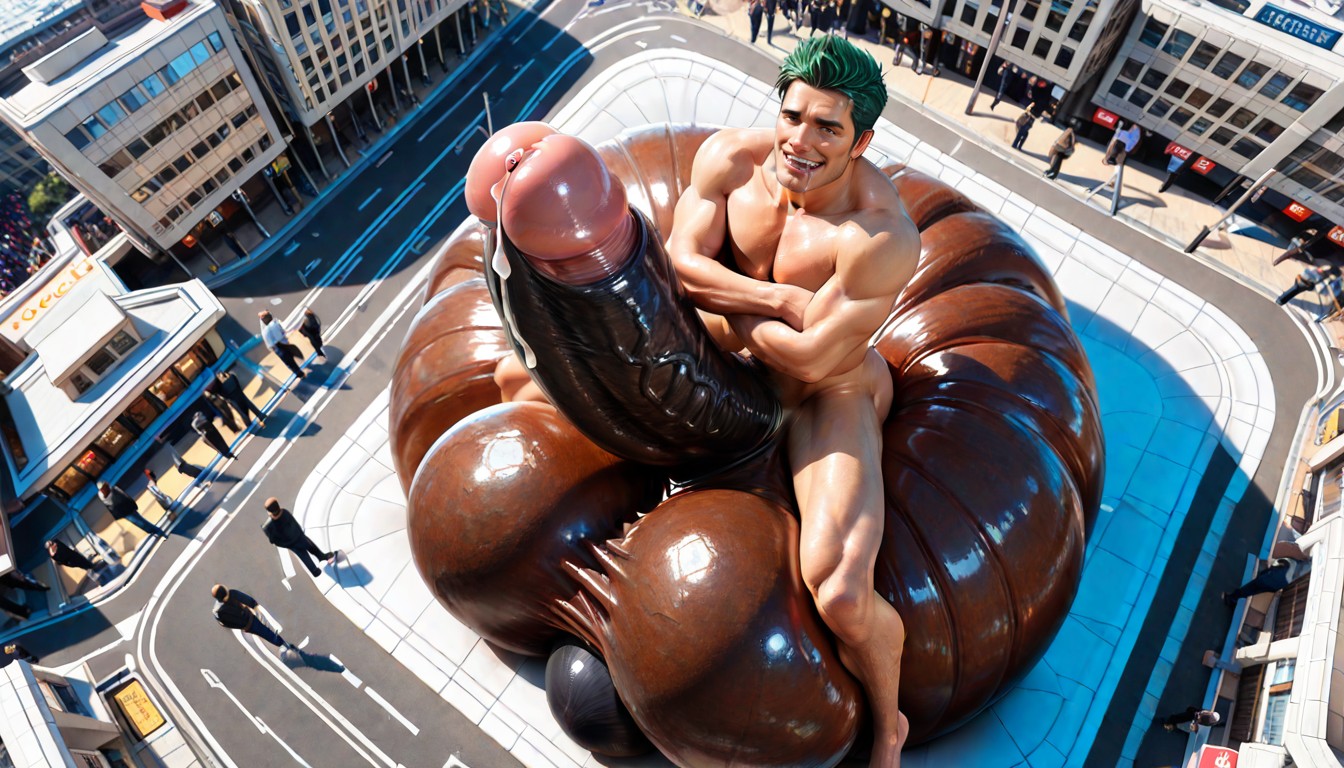 Hugging Cock, Gigantic Fully Erect Human Penis, Elevated Off The Ground On Giant Balls AI Gay Porn