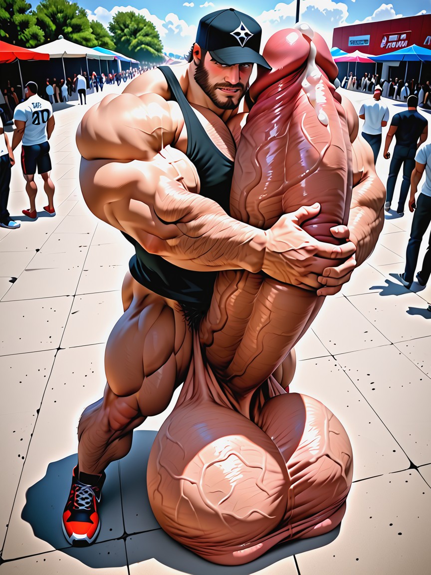 Impossibly Long And Thick Uncut Hyper Cock Taller And Thicker Than Body, Artistic, Bearded Hyper Muscle Dilf AI Gay Porn
