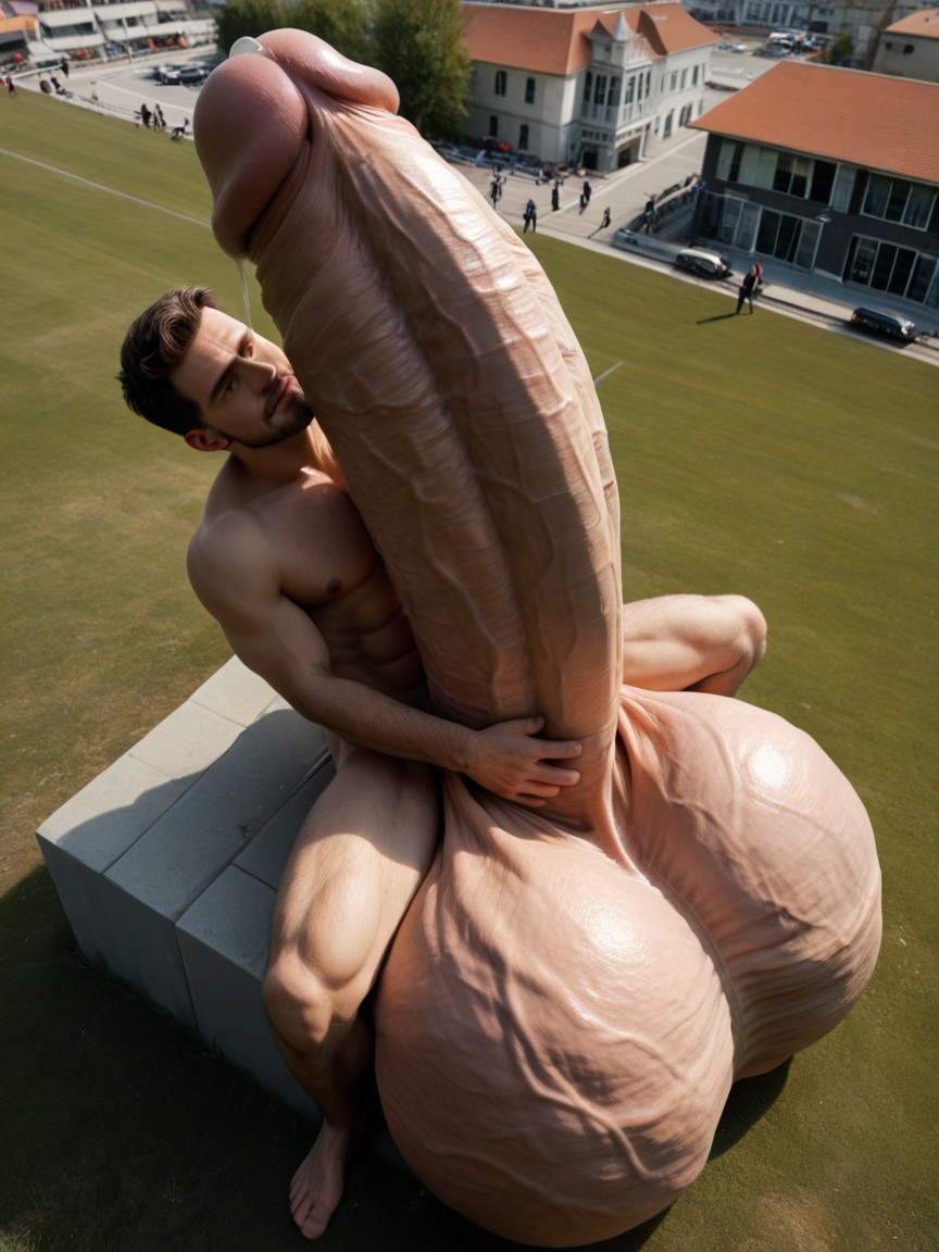 Photorealistic, Sitting On Own Balls, View From High Above AI Gay Porn