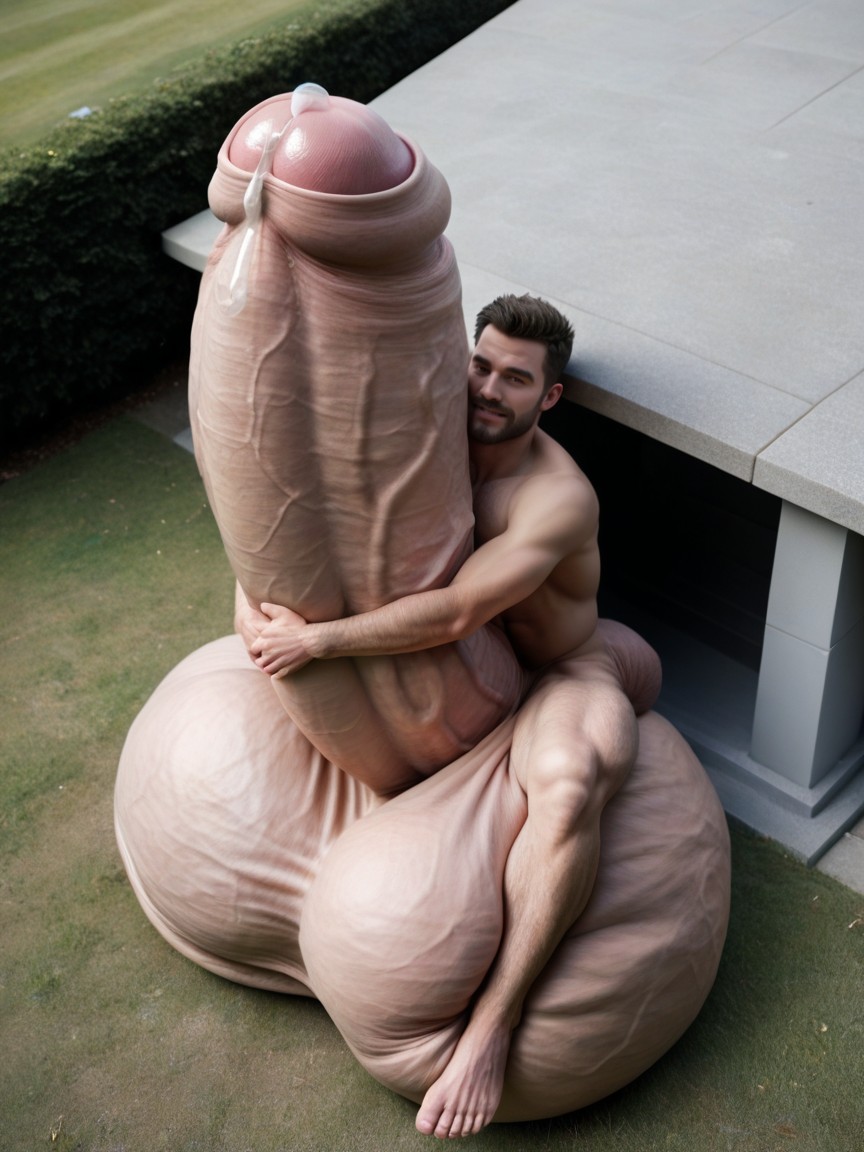 K, Elevated Off The Ground On Giant Balls, Hyper Cock Much Longer And Thicker Than Body AI Gay Porn