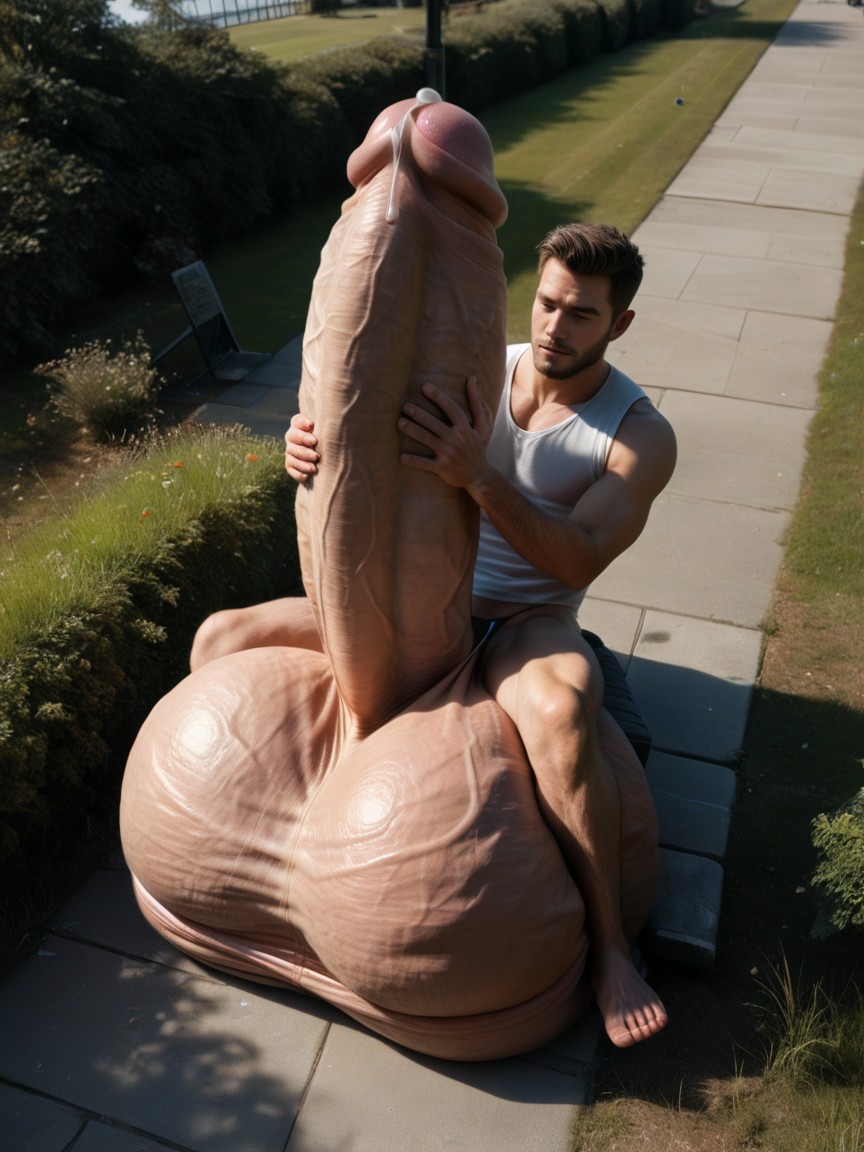 Sitting On Own Balls, Legs Hang Down Sides Of Gigantic Balls, Man AI Gay Porn