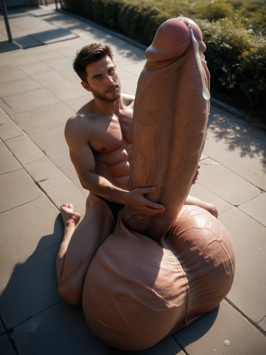 Surreal Absurd Impossible Gigantic Cock Size, Elevated Off The Ground On Giant Balls, Public AI Gay Porn