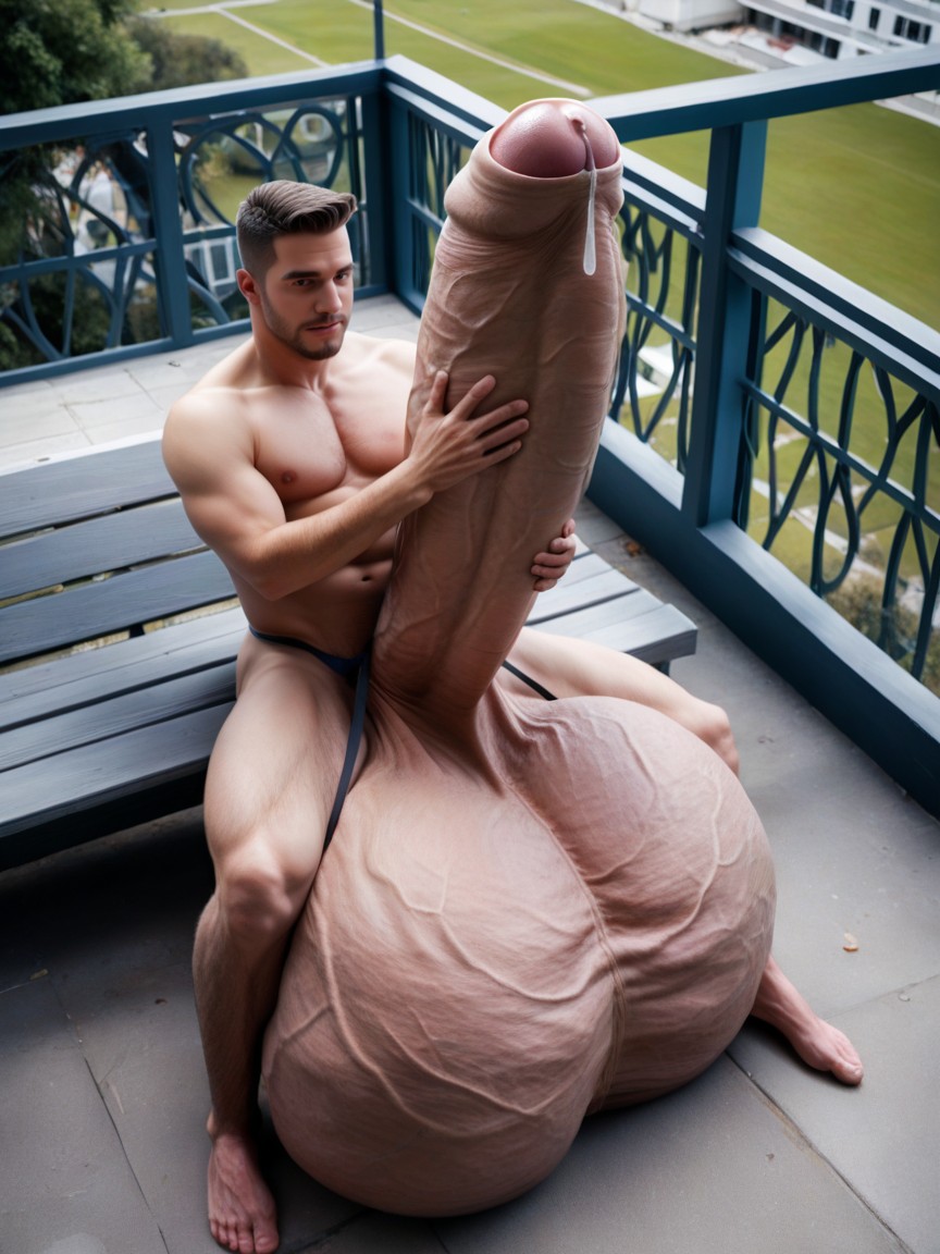 Gigantic Hyper Balls, Precum From Tip, Swimsuit AI Gay Porn