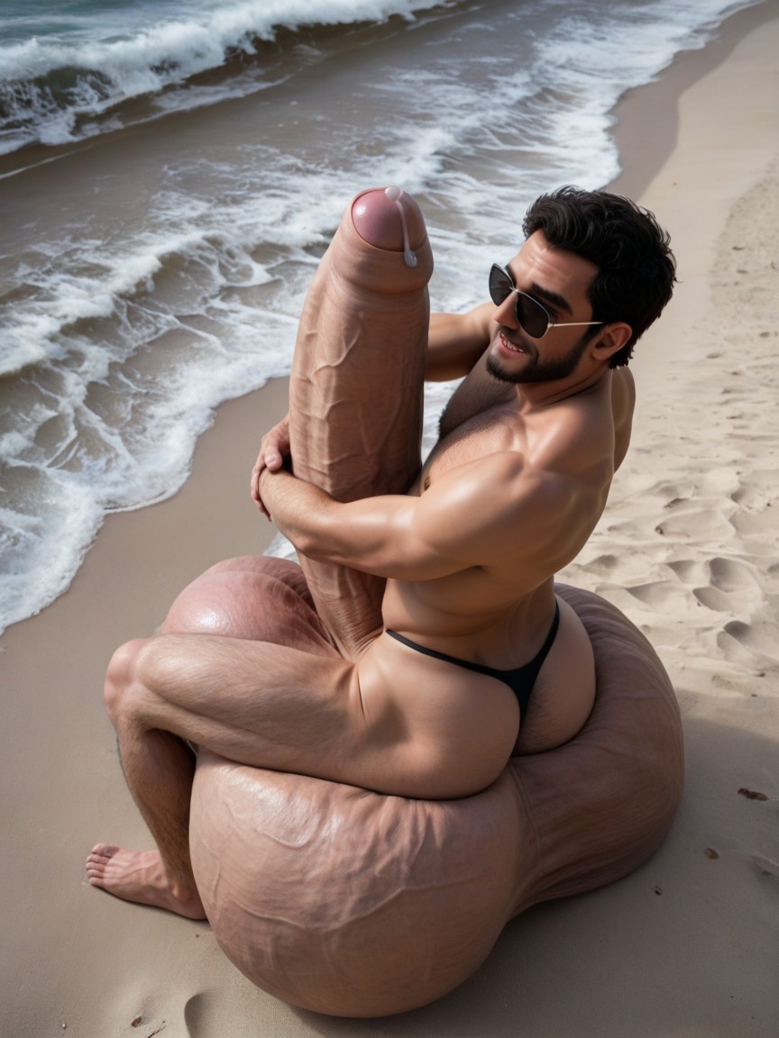 Sitting On Own Balls, Solo Male, Hyper Cock Much Longer And Thicker Than Body AI Gay Porn