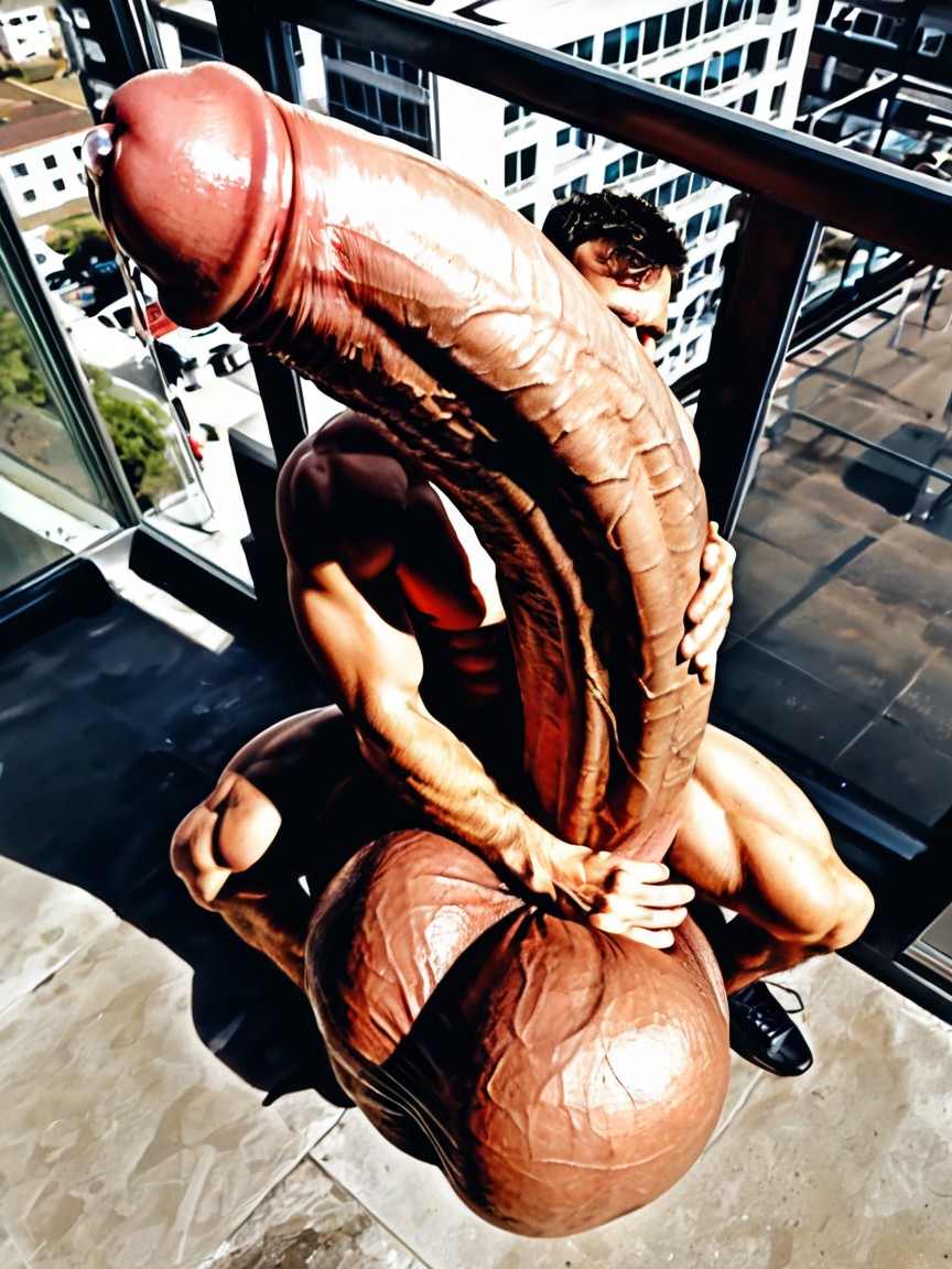 Elevated Off The Ground On Giant Balls, Detailed, Sitting On Own Balls AI Gay Porn