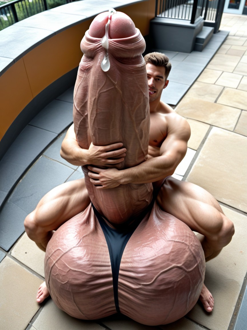 Precum At Tip, Absurdly Impossibly Giant Colossal Hyper Cock, Sitting On Own Balls AI Gay Porn