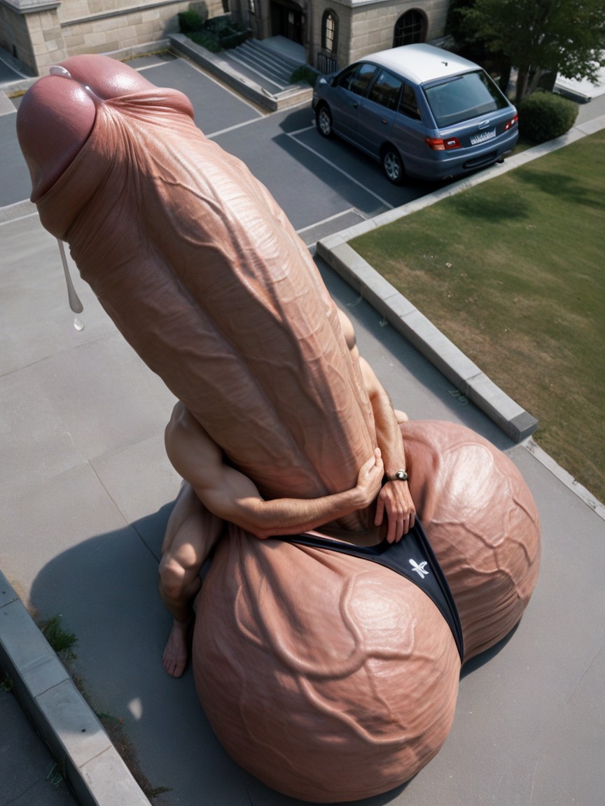 View From High Above, Precum From Tip, Legs Hang Down Sides Of Gigantic Balls AI Gay Porn