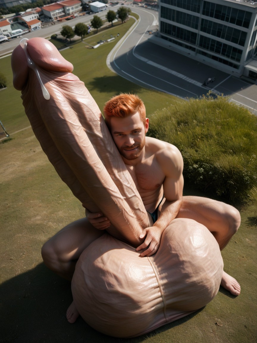 Man, Sitting On Own Balls, Outdoors AI Gay Porn