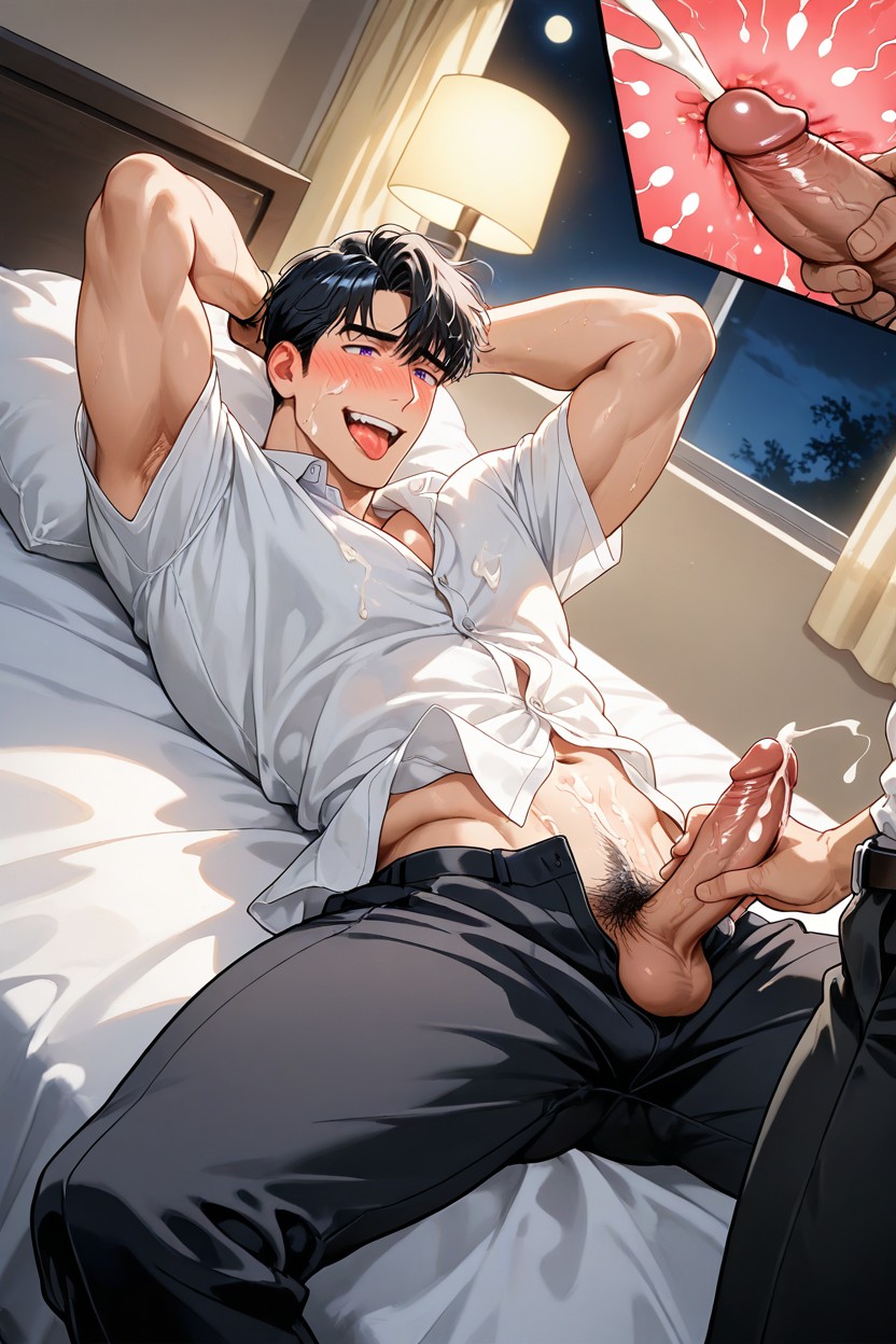 Pants Open To Expose Penis, White Pillow, Midnight AI Gay Porn