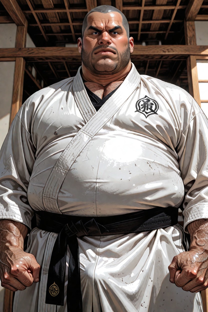 Fatty Male Judoka, Wearing White Judo Uniform, Clothed Potbelly AI Gay Porn