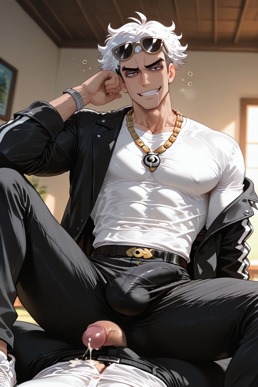 Cum On Clothes, Open Black Jacket, Man AI Gay Porn