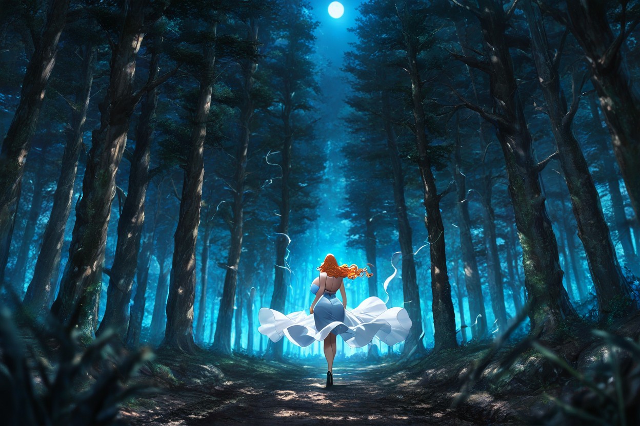 Moonlight Illuminating Woman And Tree Edges, Midground, Skirt Flaring In Wind Porno gay IA