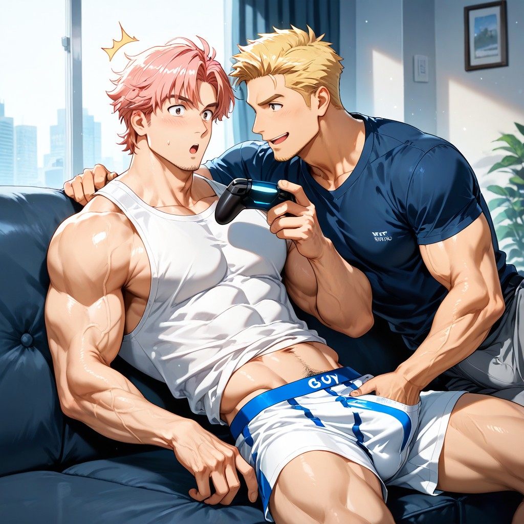 Erection Under Boxers, Two Men, 18+ AI Gay Porn
