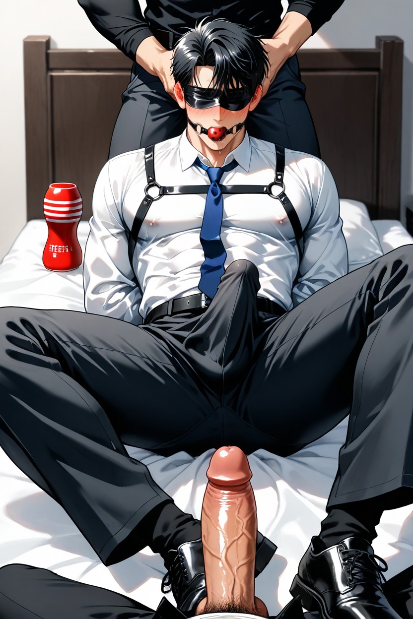 Lift One Leg Onto The Bed, Lewd Expression Of The Person Behind, Wearing A Thick-sleeved Black Dress Shirt AI同性戀黃片