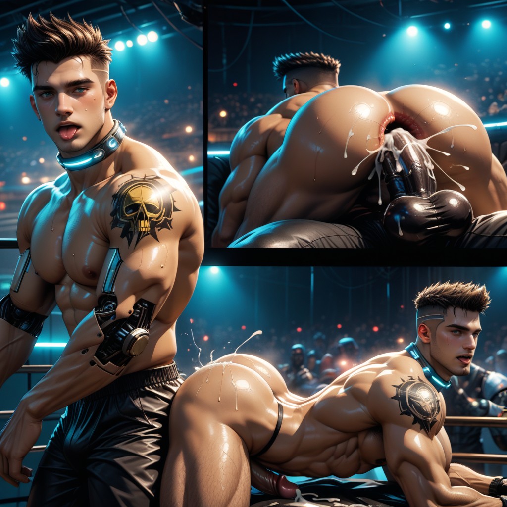 Lying On His Back On The Grated Floor With Legs Spread Wide And Held Open While A Second Dildo Machine Pounds Him, Some With Glowing Neon Tattoos, Swallowing Cum AI Gay Porn