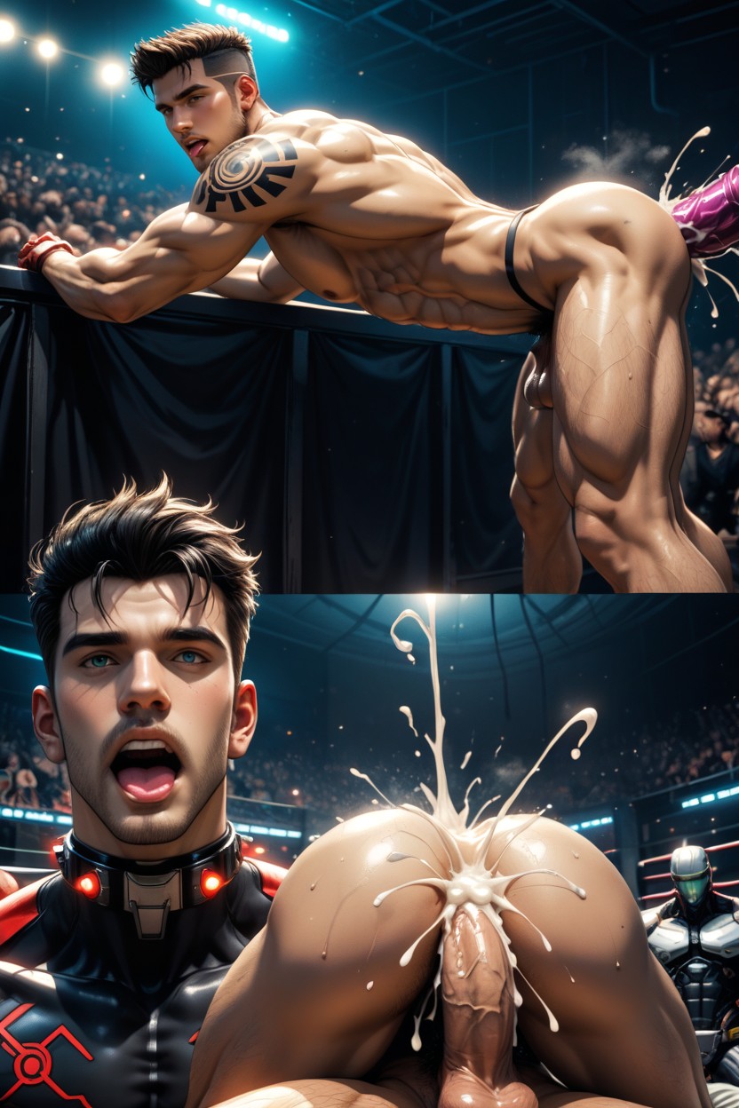 Hardcore Anal Sex With Clear Penetration, Dramatic Neon Pink And Cyan Lighting Mixed With Sharp Lightning Flashes And Deep Shadows, Body Convulsing And Shaking From Overstimulation AI Gay Porn