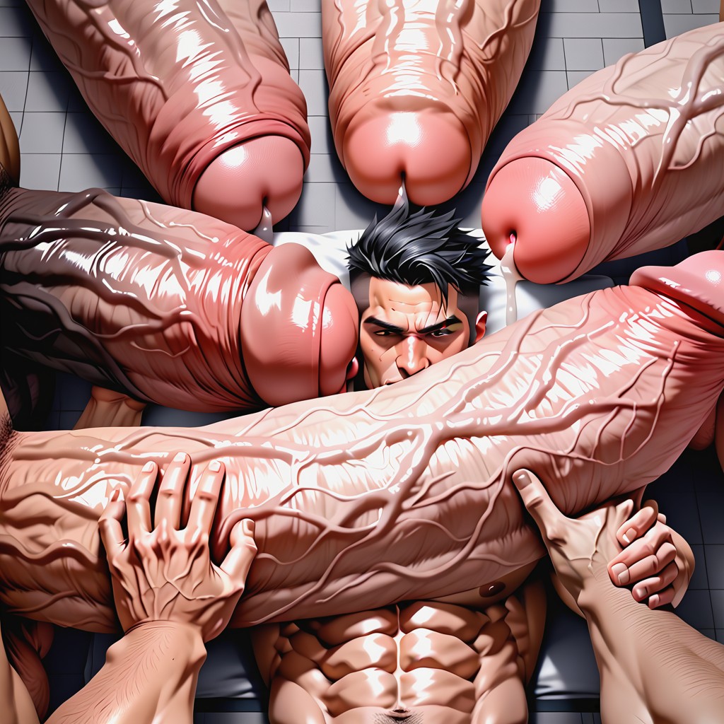 Male Gay Harem, Close-up Focus On Gigantic Beautiful Uncut Hyper Cock, Bara AI Gay Porn