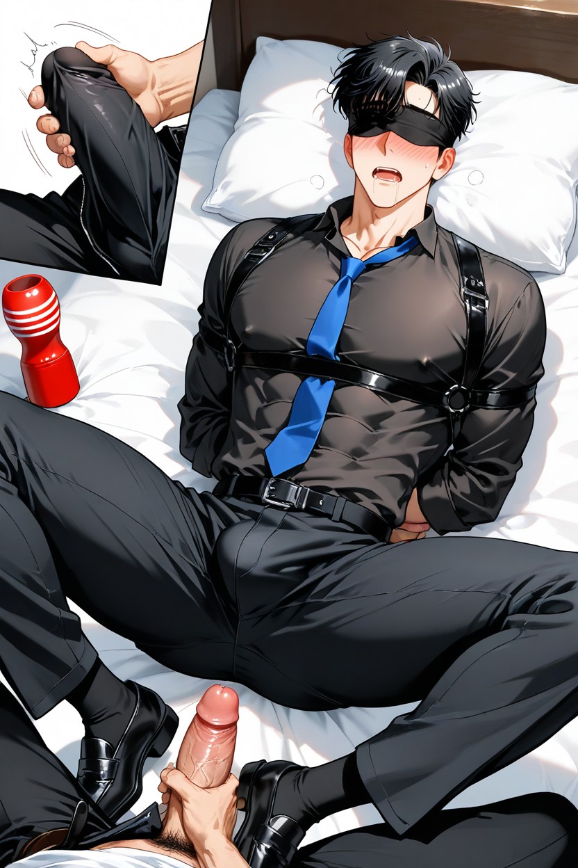 A Blue Tie, Black Pants, Wearing A Thick-sleeved Black Dress Shirt AI Gay Porn
