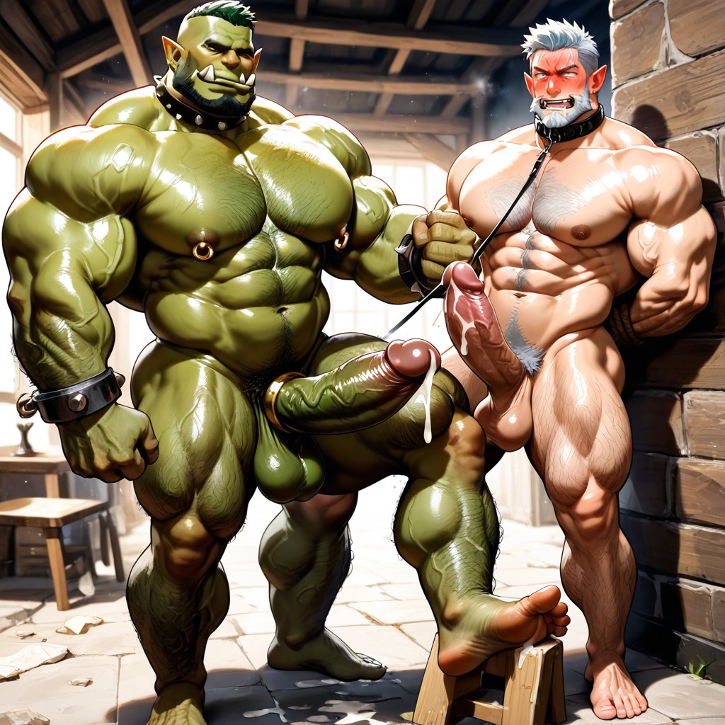 Orc Has Nipple Piercings, Orc Has Collar And Leash, Dominant Dilf AI Gay Porn