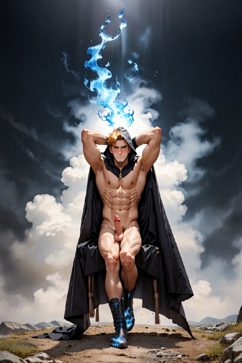 Feet Pointed Downwards, Arms Raised, Blue Flames Around Hands AI同性戀黃片