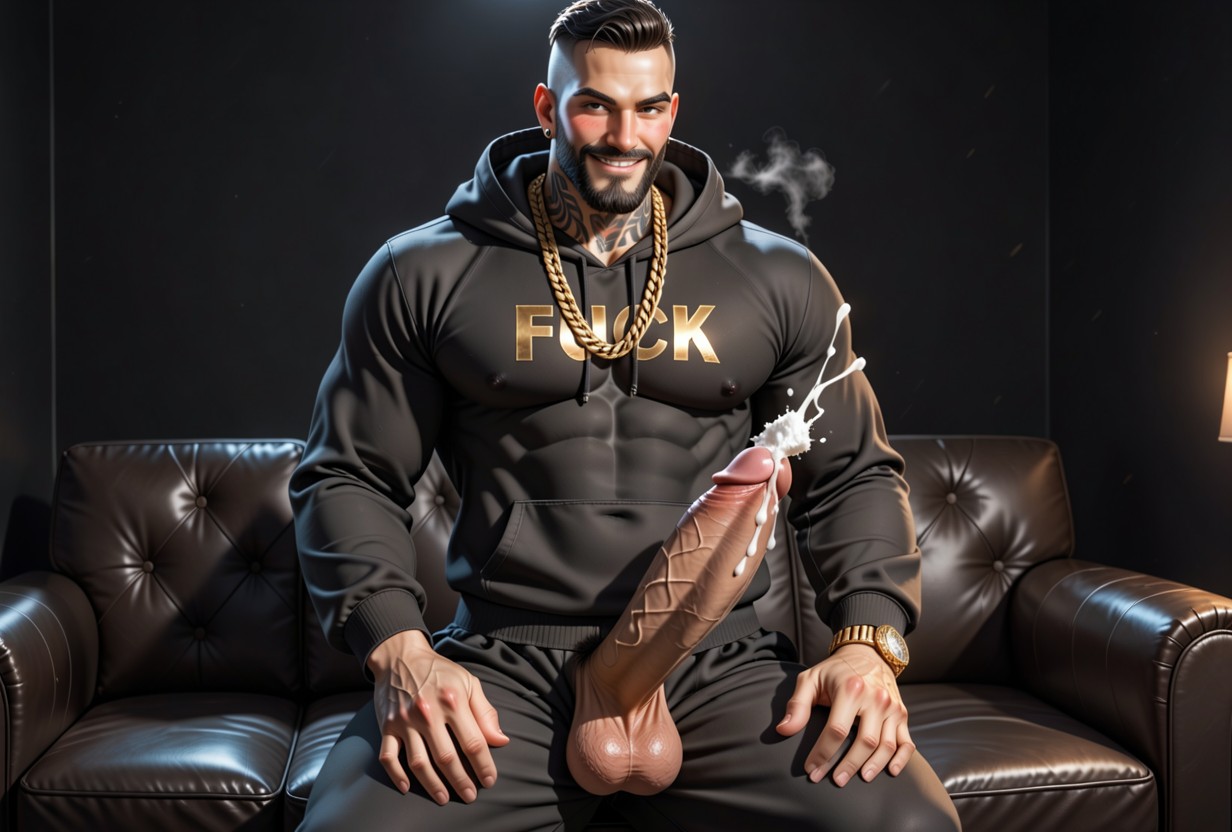 Loungewear, Full Thick Black Beard, Pulling Down Sweatpants AI Gay Porn