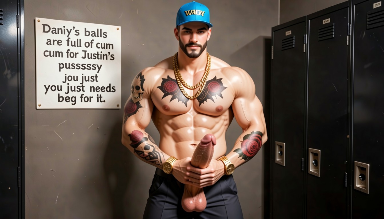 Build Athletic, Flushed Red Face, Carved Into Wall Reads "danny's Balls Are Full Of Cum For Justin's Pusssssy You Just Needs To Beg For It" Sign Says "my Balls Are Full Of Cum For Justin You Just Needs To Beg For It" AI Gay Porn