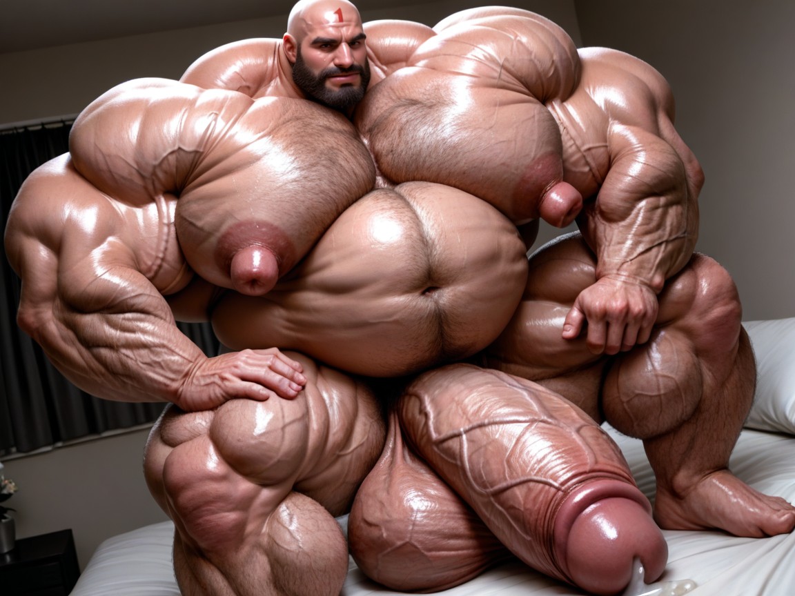 Growth Hormone Muscles, Massive Oversized Hyper Cock Taut Massive Hyper Breasts; Massive Veiny Muscles; Stuble; Bald; Taut Massive Hyper Heavy Breasts; Hyper Bulky Muscles; Long Nipples Gap; Taut Hyper Boobs ;taut Hyper Breasts ; Precum; Male Only, Hyper Masculine Jawline AI Gay Porn