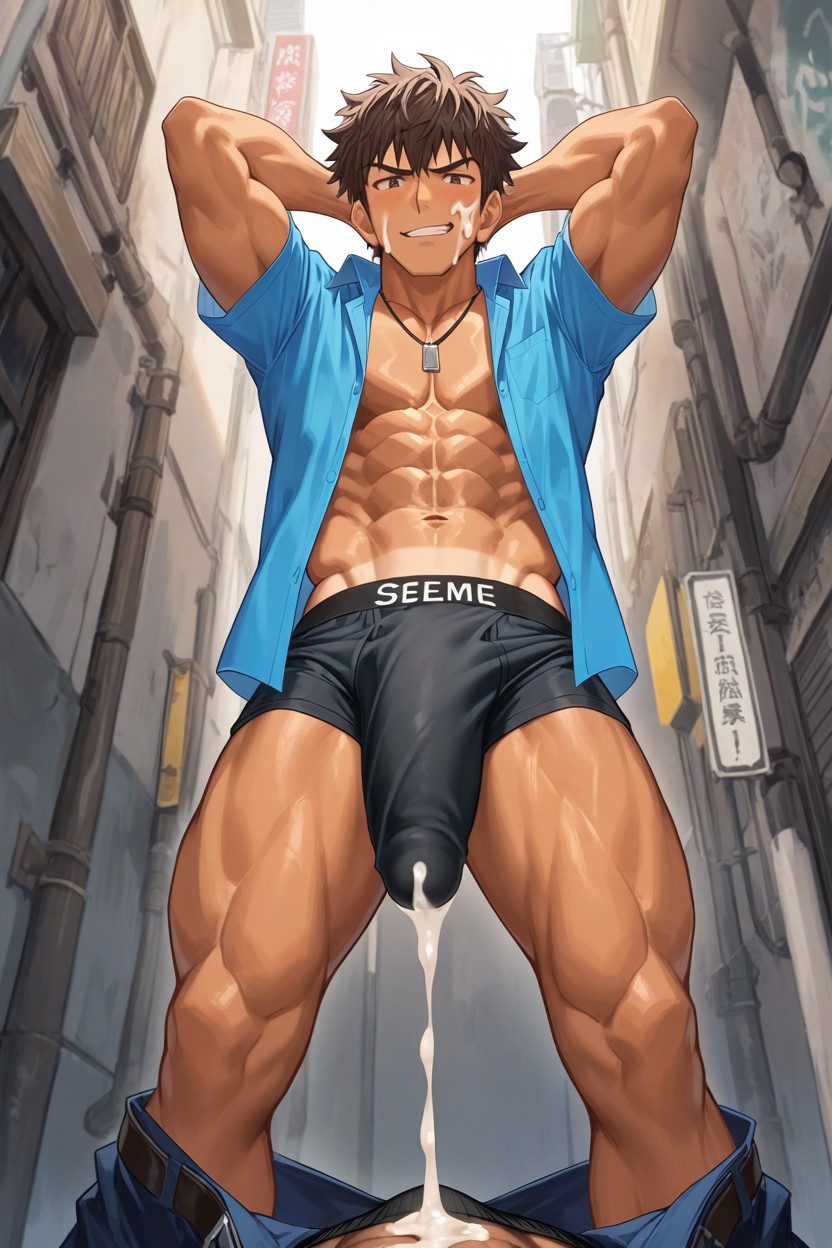 Looking Down At Viewer, Alone, Wearing Open Boxers Wearing Necklace AI同性戀黃片