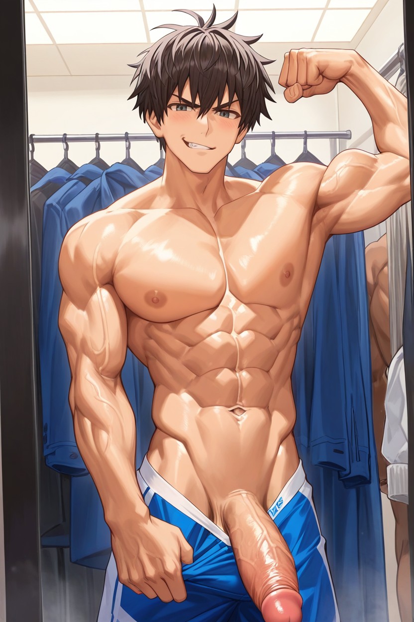 Changing Room, Flexing Abs Pose, Topless AI Gay Porn