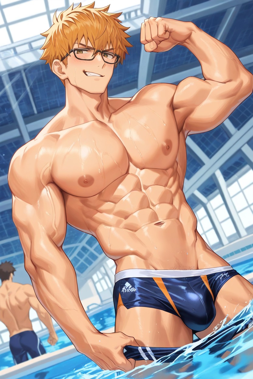 No Pubic Hair, Flexing Abs, Blond Messy Hair AI Gay Porn