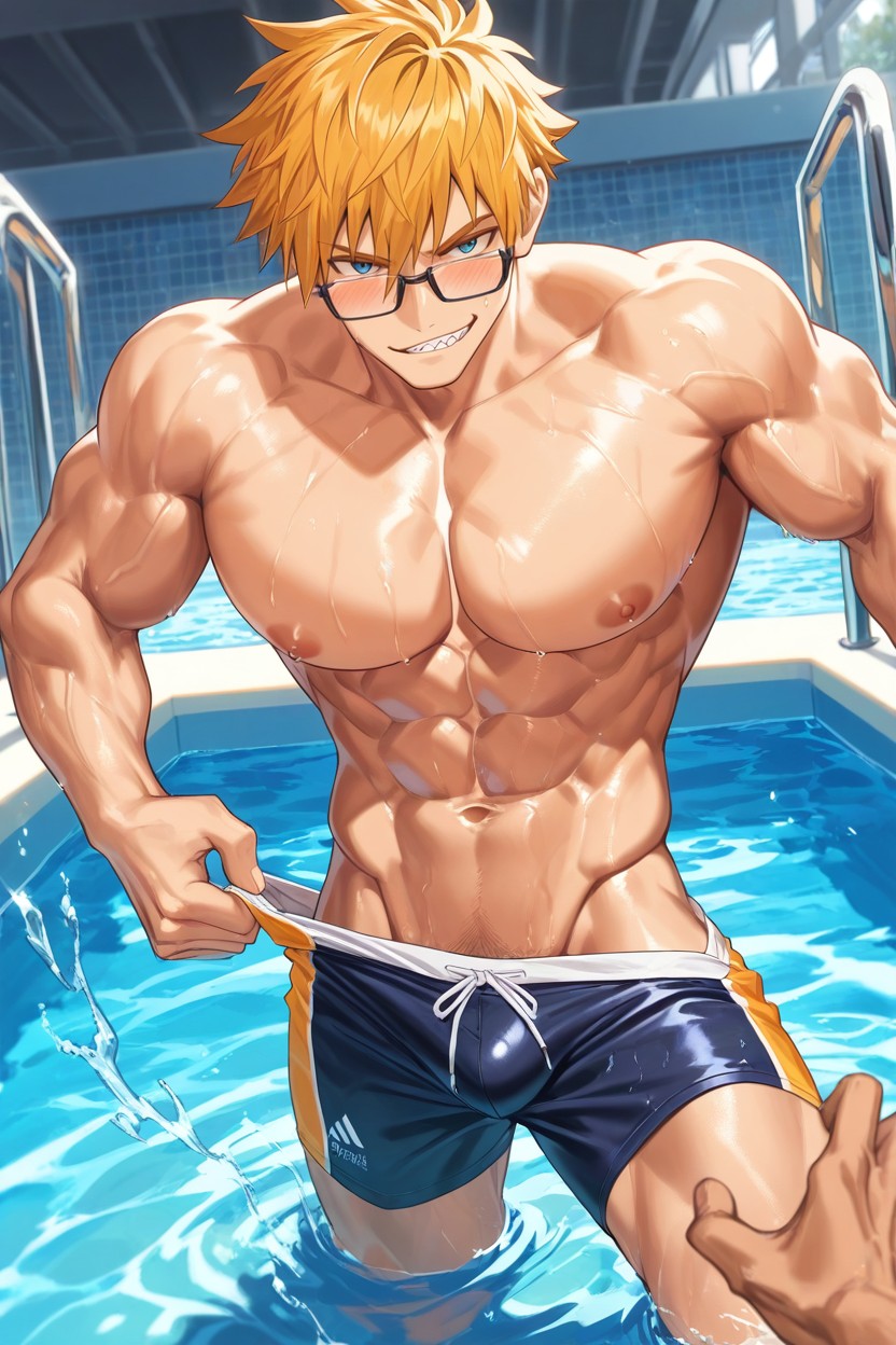 Blond Messy Hair, Pulling Swimshorts Down, One Person Only Porno gay IA