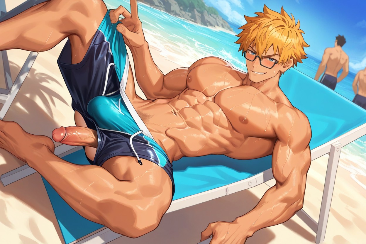Boyish Face, Dick Out Of Swimshorts Leg's Hole, Hand-sized Waist AI Gay Porn