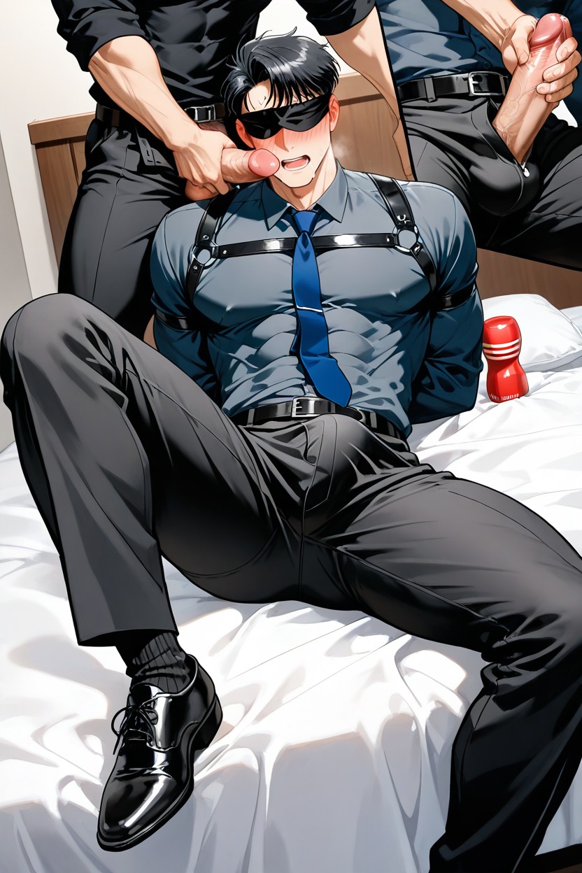 Black Hair, Black Shirt, Bangs Hanging Down To The Forehead AI Gay Porn