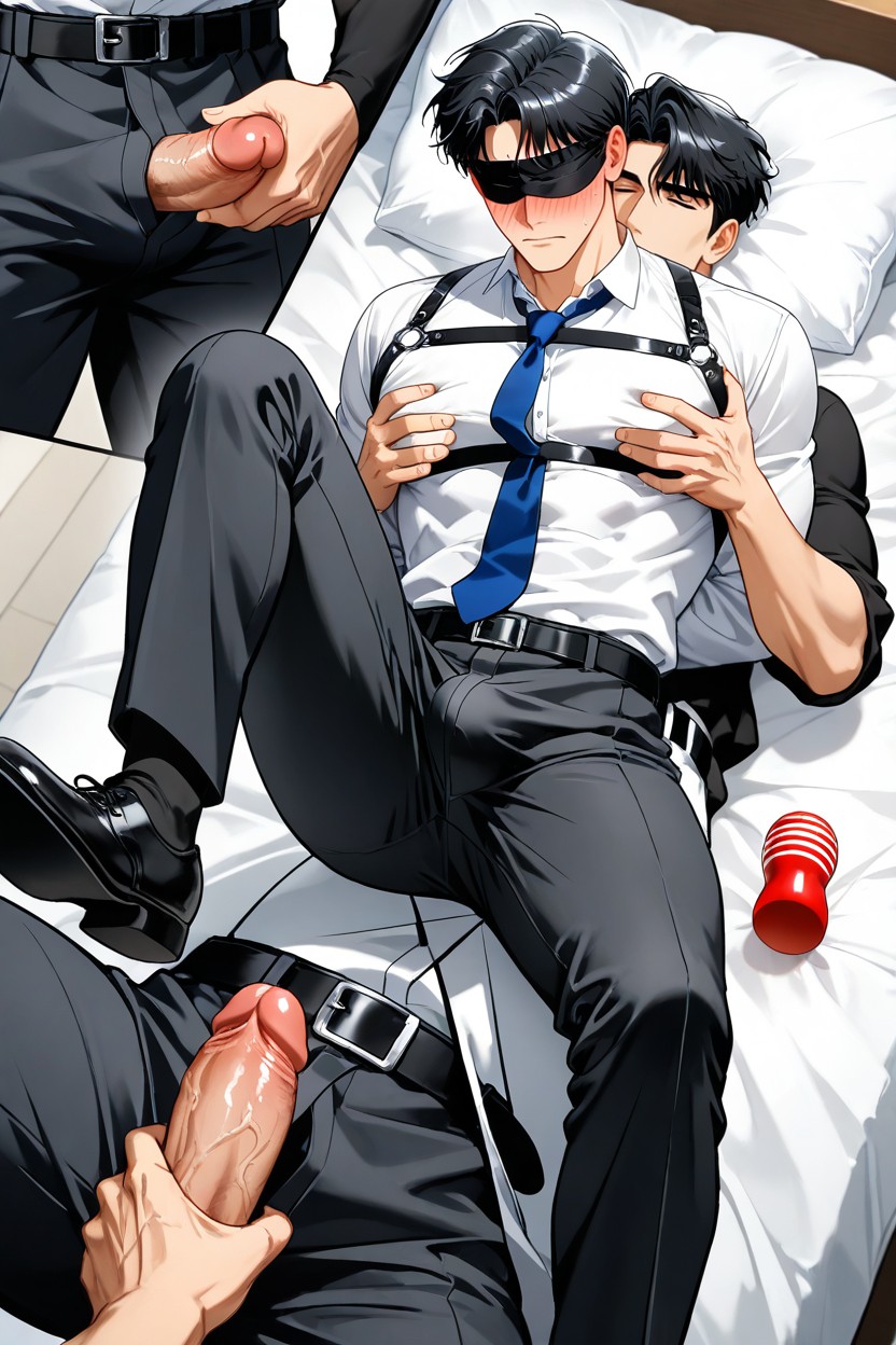Open Pants Revealing Penis, A Blue Tie, Blindfolded And Ball Gag Only Apply To People Who Is 게이 AI 포르노
