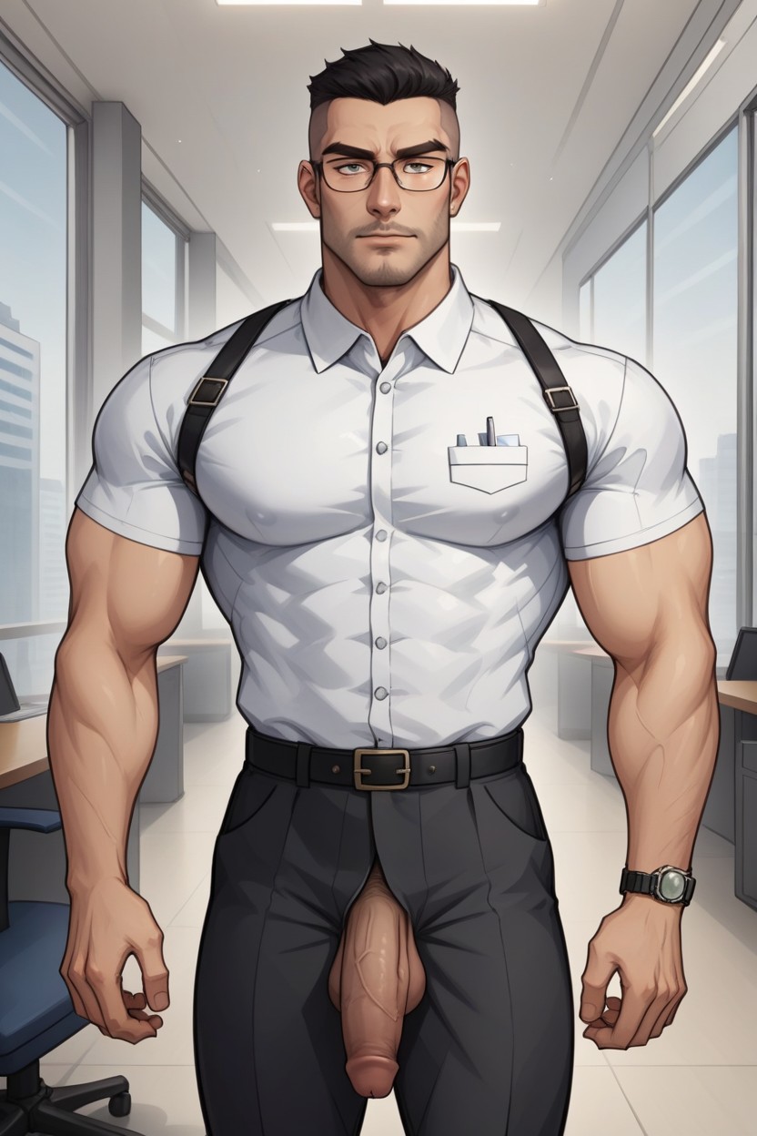 Tough-looking, Rugged Mature Man, Flaccid Penis Downward AI Gay Porn