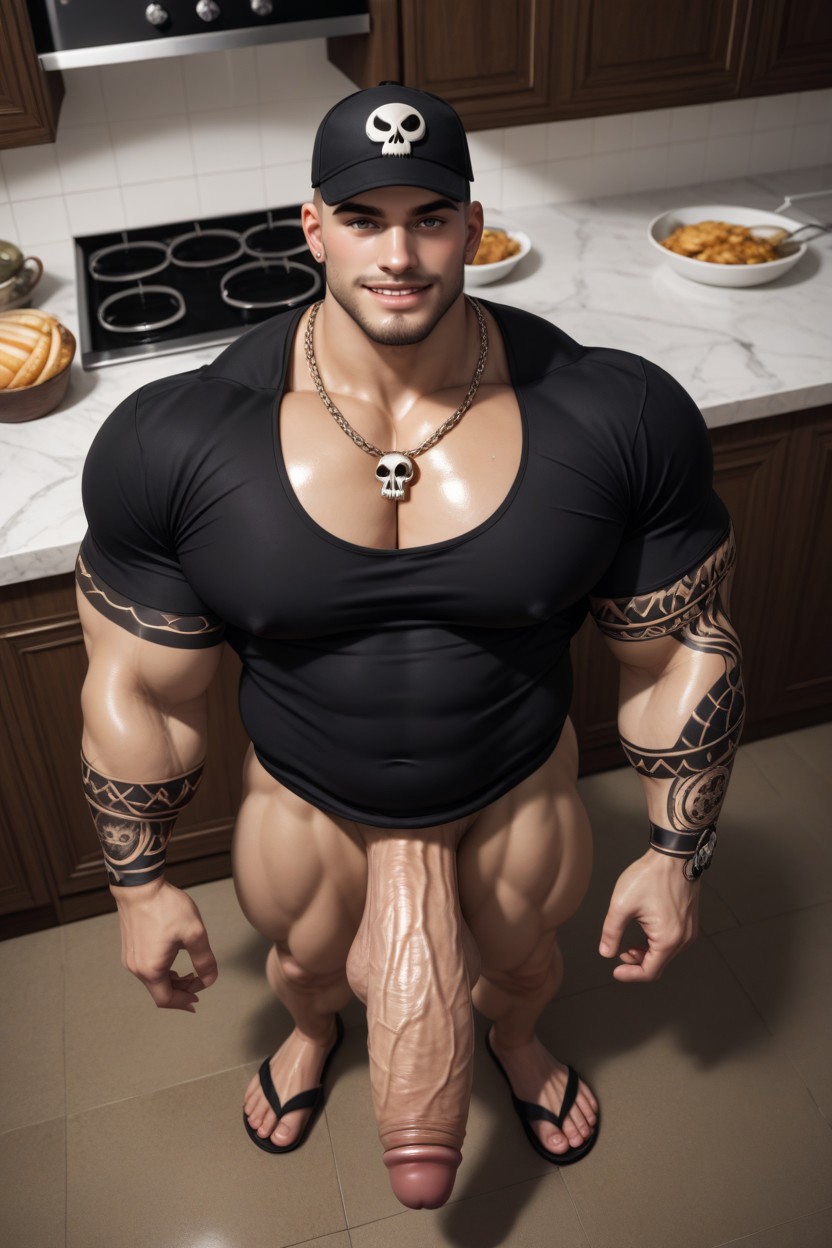 Erect Penis, In The Kitchen, Round Pillowy Pecs AI Gay Porn
