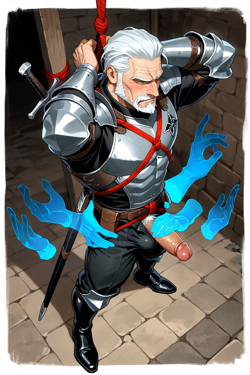 Looking Down At His Crotch, Small Ass, Erect Penis With White Pubes Sticking Out Of Pants Open Fly AI Gay Porn